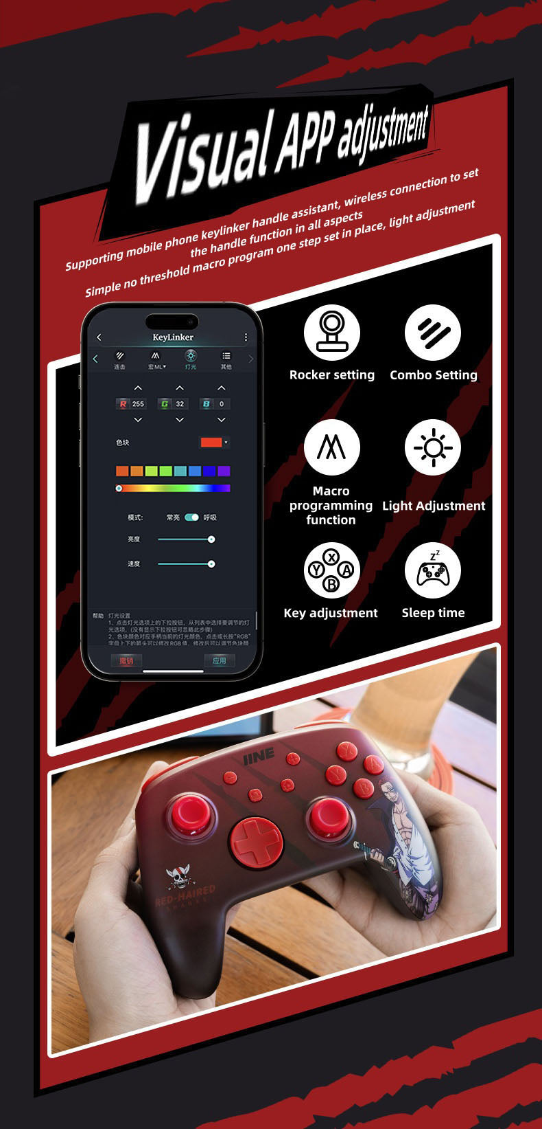One Piece Shanks Wireless Game Controller, Anime Red-Haired Shanks Bluetooth Gamepad, RGB Light Programmable Gaming Controller, Dual Vibration Joystick for Switch, PC, Steam, One Piece Anime Game Gift for Fans