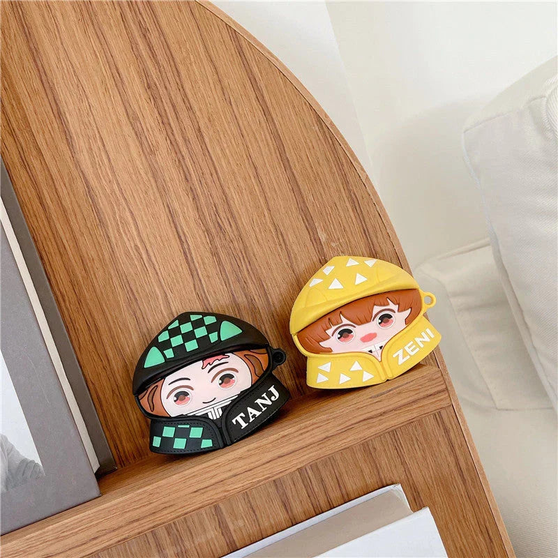 Demon Slayer Anime Airpods Case, Cute 3D Cartoon Silicone Protective Cover for AirPods 1/2, AirPods Pro 1/2, Tanjiro Nezuko Zenitsu Earphone Skin, Shockproof Earbud Case with Keychain, Anime Fan Gift