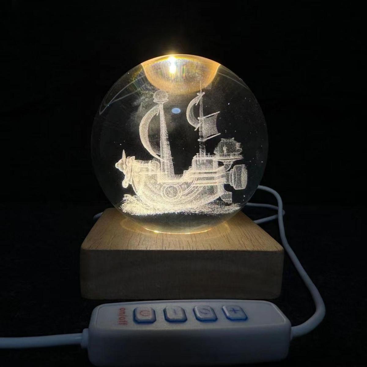 One Piece Thousand Sunny & Going Merry 3D Laser Engraved Crystal Ball Night Light, Anime Pirate Ship Crystal Sphere Lamp, USB Powered Wooden LED Base, Desk Decor Collectible Gift for One Piece Fans