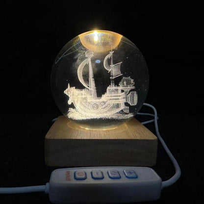 One Piece Thousand Sunny & Going Merry 3D Laser Engraved Crystal Ball Night Light, Anime Pirate Ship Crystal Sphere Lamp, USB Powered Wooden LED Base, Desk Decor Collectible Gift for One Piece Fans