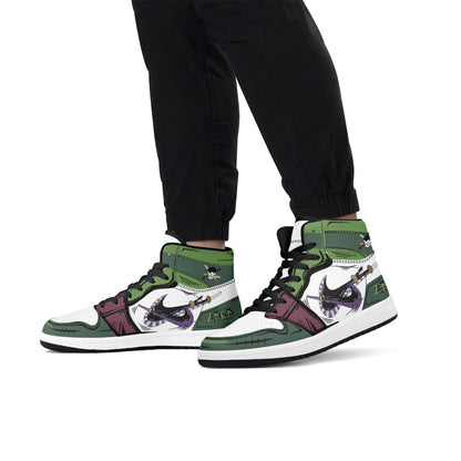 One Piece Roronoa Zoro Anime High Top Sneakers, Green Three Swords Style Custom Printed Fashion Casual Shoes, One Piece Anime Streetwear Footwear, Anime Sneaker Gift for One Piece Fans