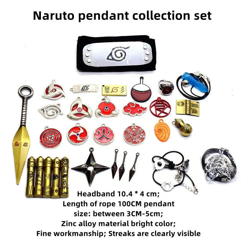 Naruto Anime 25 Pcs Collectible Gift Set, Ninja Weapon Kunai Shuriken Headband Ring Necklace Pendant, Naruto Cosplay Metal Accessory Kit, Anime Collection Box Gift for Naruto Fans