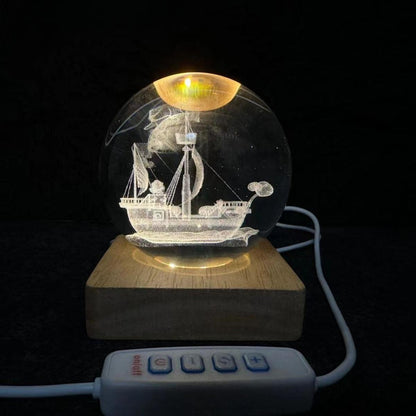 One Piece Thousand Sunny & Going Merry 3D Laser Engraved Crystal Ball Night Light, Anime Pirate Ship Crystal Sphere Lamp, USB Powered Wooden LED Base, Desk Decor Collectible Gift for One Piece Fans