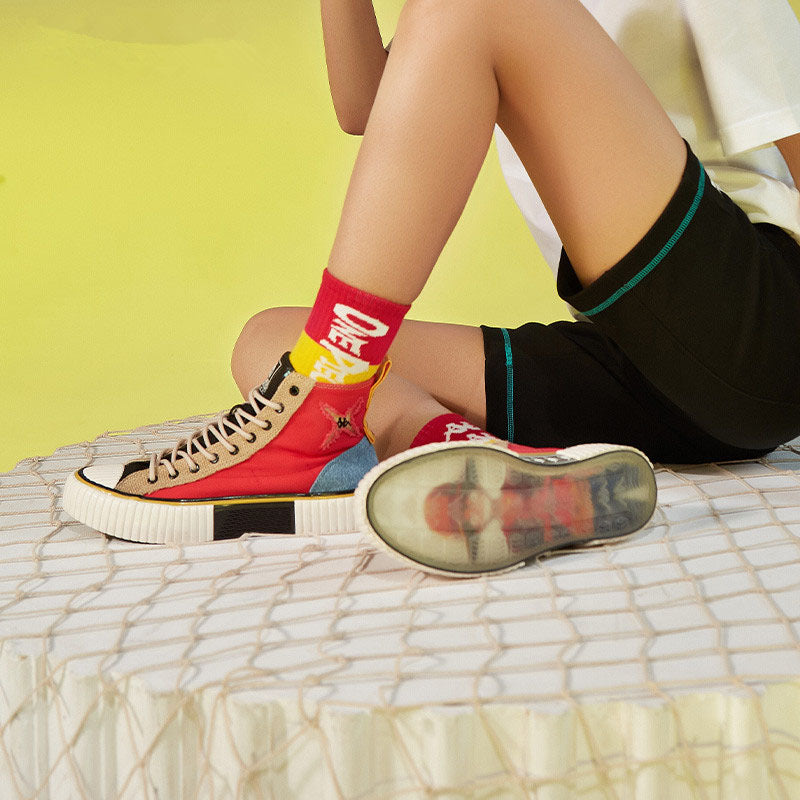One Piece Luffy High Top Canvas Sneakers, Anime Color Block Casual Skate Shoes for Men Women, Straw Hat Luffy Printed Insole Fashion Platform High Tops, Anime Cosplay Daily Streetwear Shoes