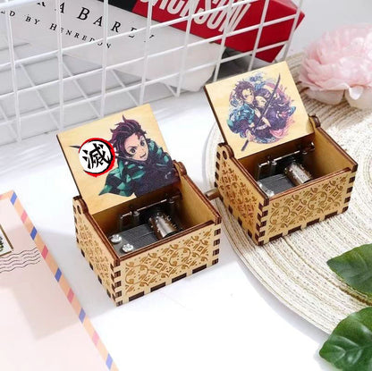 Demon Slayer Hand Crank Wooden Music Box, Anime Character Print Engraved Musical Box, Classic Hand Cranked Music Box, Collectible Anime Keepsake Gift for Demon Slayer Fans