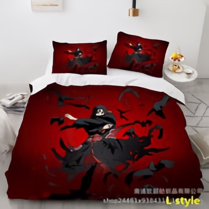 Naruto Anime Bedding Set, 3D Print Duvet Cover with Pillowcases, Akatsuki Red Cloud Comforter Cover Set, Soft Microfiber Bed Sheets, Bedroom Decor Gift for Naruto Fans