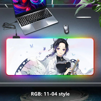 Demon Slayer RGB Gaming Mouse Pad, Large Extended Anime Desk Mat, LED Glowing Non-Slip Rubber Keyboard Pad, Multiple Nezuko Tanjiro Designs, Waterproof Desk Pad for PC Gamers