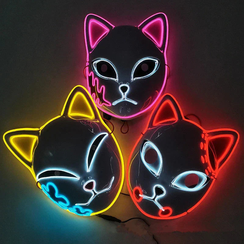 Demon Slayer Anime Cosplay Mask, Inosuke Boar Mask & LED Glowing Cat Fox Mask, Kimetsu no Yaiba Halloween Party Costume Prop, Light Up Anime Mask for Cosplay, Halloween Carnival Dress Up Gift