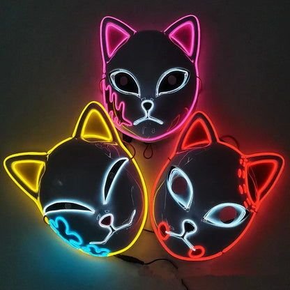 Demon Slayer Anime Cosplay Mask, Inosuke Boar Mask & LED Glowing Cat Fox Mask, Kimetsu no Yaiba Halloween Party Costume Prop, Light Up Anime Mask for Cosplay, Halloween Carnival Dress Up Gift