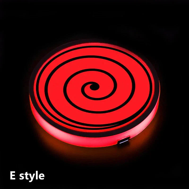 Naruto One Piece Car Accessory Gift，Anime Sharingan LED Car Cup Holder Coaster, Intelligent Sensor Light Up Cup Mat, USB Rechargeable, Multi-Color Changing Car Interior Decor.