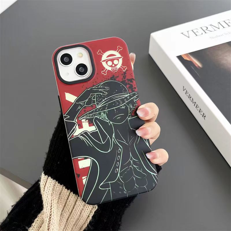 One Piece Anime Phone Case for iPhone, Luffy & Shanks Red Background Line Art Print Shockproof Hard Protective Cover, One Piece Skull Logo Character Phone Shell Anime Merch for iPhone Series