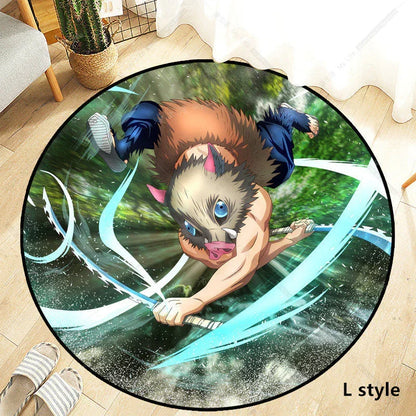 Demon Slayer Round Non-Slip Rug, Kimetsu no Yaiba Anime Character Circular Floor Mat, Soft Decorative Area Rug, Anti-Skid Carpet for Bedroom Living Room Entrance, Anime Merch Gift for Demon Slayer Fans