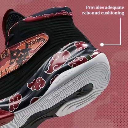 Men High Top Naruto Anime Basketball Shoes, Akatsuki Red Cloud Print Breathable Mesh Non Slip Rubber Outsole Cushioning Athletic Sneakers, Shock Absorption Sports Trainers for Indoor Outdoor Basketball Training Streetball