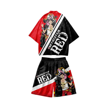 One Piece Film RED Anime Haori and Shorts Set, Japanese Kimono Cardigan with Shorts, 3D Full Print Cosplay Outfit, Loose Casual Anime Costume for Men Women, Anime Merch