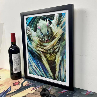 Demon Slayer 3D Lenticular Poster with Frame, Kimetsu no Yaiba Anime Stereo Gradient Wall Art, Flip Changing Picture, Anime Framed Decor Painting for Bedroom Gaming Room, Anime Merch Gift for Demon Slayer Fans