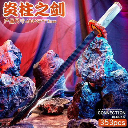 Demon Slayer Nichirin Sword Building Block Set, Rengoku Kyojuro Katana Model with Stand, Anime Samurai Blade Bricks Kit, DIY Assembly Collectible Display Toy Gift for Demon Slayer Fans