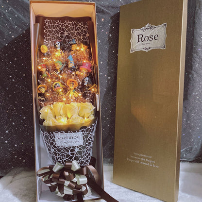 One Piece Figure Bouquet, Anime Luffy Zoro Sanji Chopper Figurine Bouquet with LED Fairy Lights, Artificial Rose Flower Gift Box, Birthday Valentine Anniversary Gift for Anime Fans