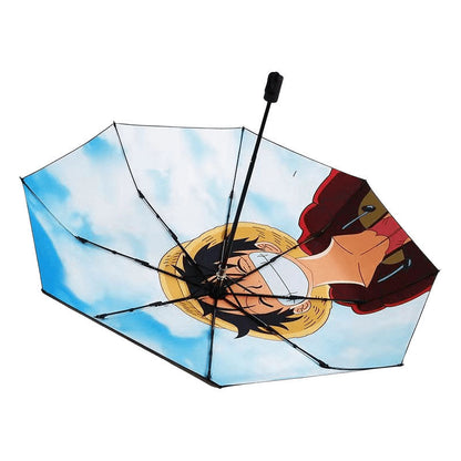One Piece Anime Folding Umbrella, Luffy Zoro Ace Straw Hat Crew Printed Compact Rain Sun Umbrella, Portable Auto Open Close Parasol, Anime Merch Gift for One Piece Fans