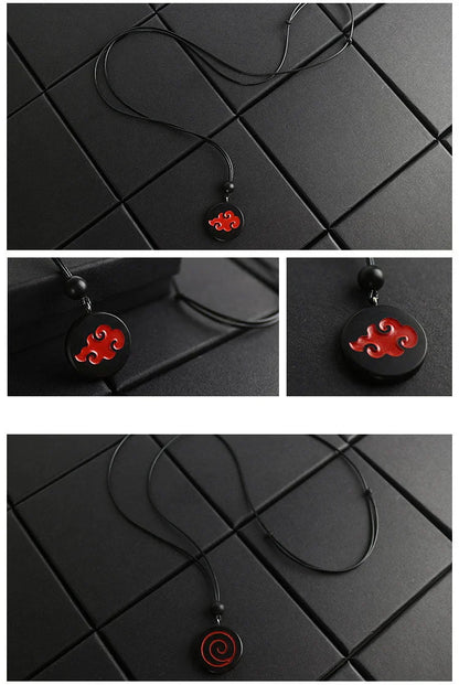 Naruto Anime Symbol Pendant Necklace, Akatsuki Red Cloud Sharingan Konoha Logo Wooden Necklace, Adjustable Rope Chain Cosplay Jewelry, Gift for Naruto Fans