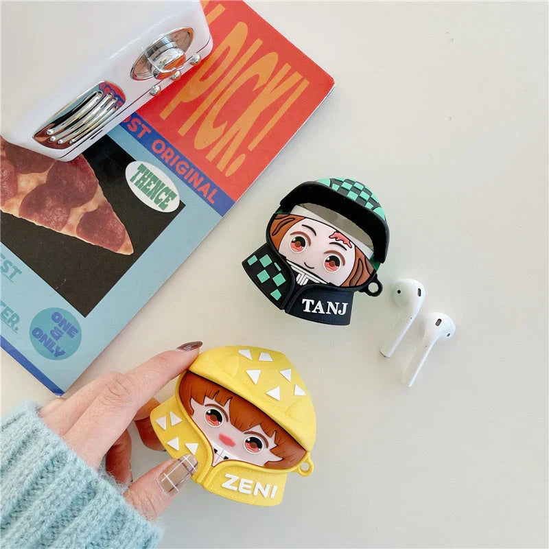 Demon Slayer Anime Airpods Case, Cute 3D Cartoon Silicone Protective Cover for AirPods 1/2, AirPods Pro 1/2, Tanjiro Nezuko Zenitsu Earphone Skin, Shockproof Earbud Case with Keychain, Anime Fan Gift
