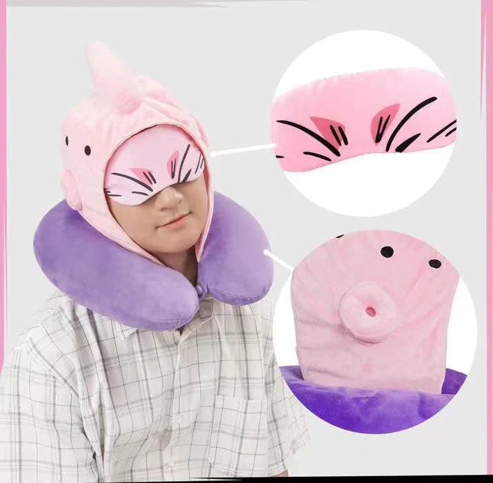 Dragon Ball U-Shaped Travel Neck Pillow, Shenron & Majin Buu Anime Plush Neck Support Pillow with Eye Mask, Soft Comfortable Headrest for Airplane Car Office Nap, Dragon Ball Fan Collectible Gift