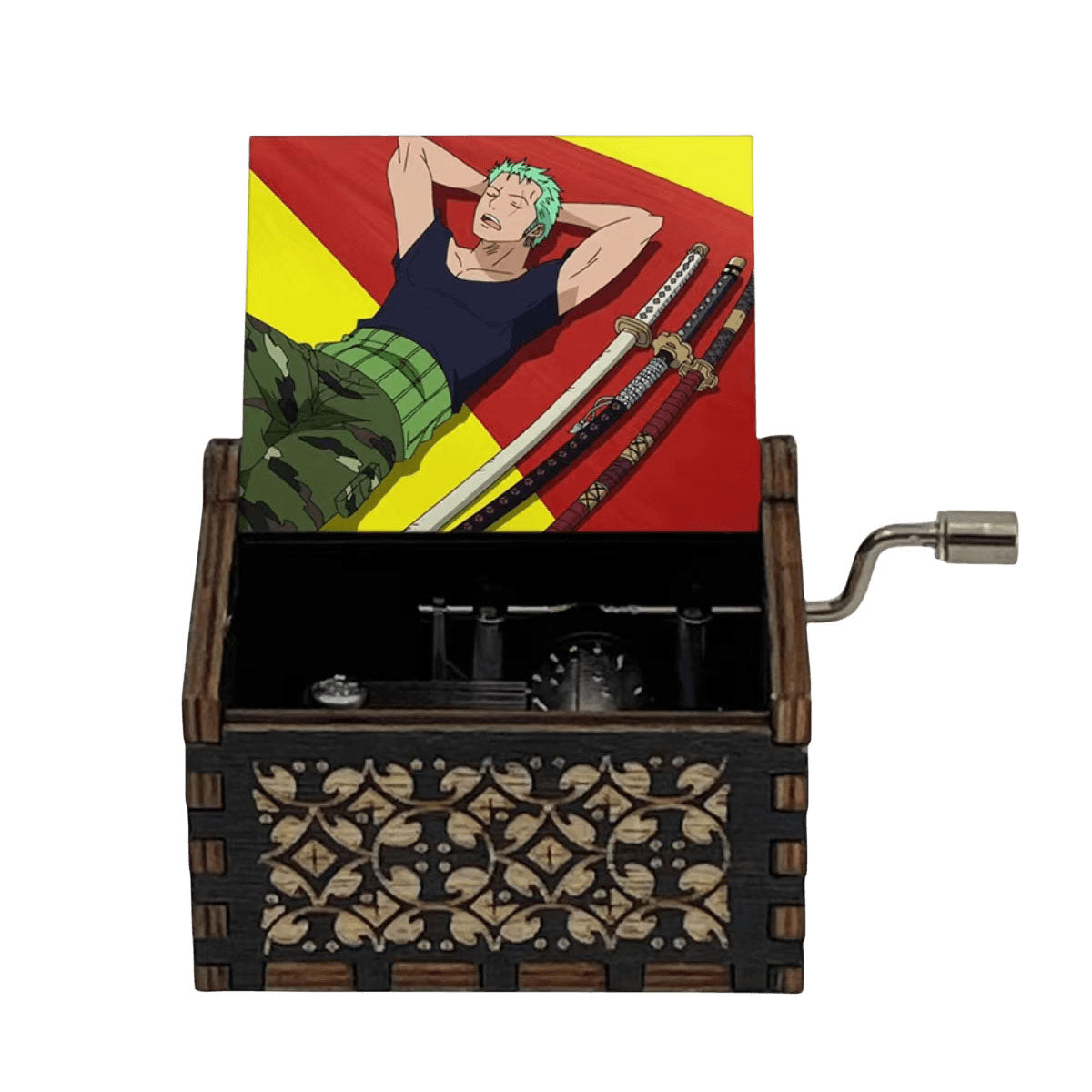 One Piece Anime Hand Crank Wooden Music Box, Straw Hat Pirates Luffy Crew Print Lid Engraved Musical Box, Classic Anime Theme Song, Manual Hand Crank No Battery, Anime Collectible Desk Decor Gift for Fans
