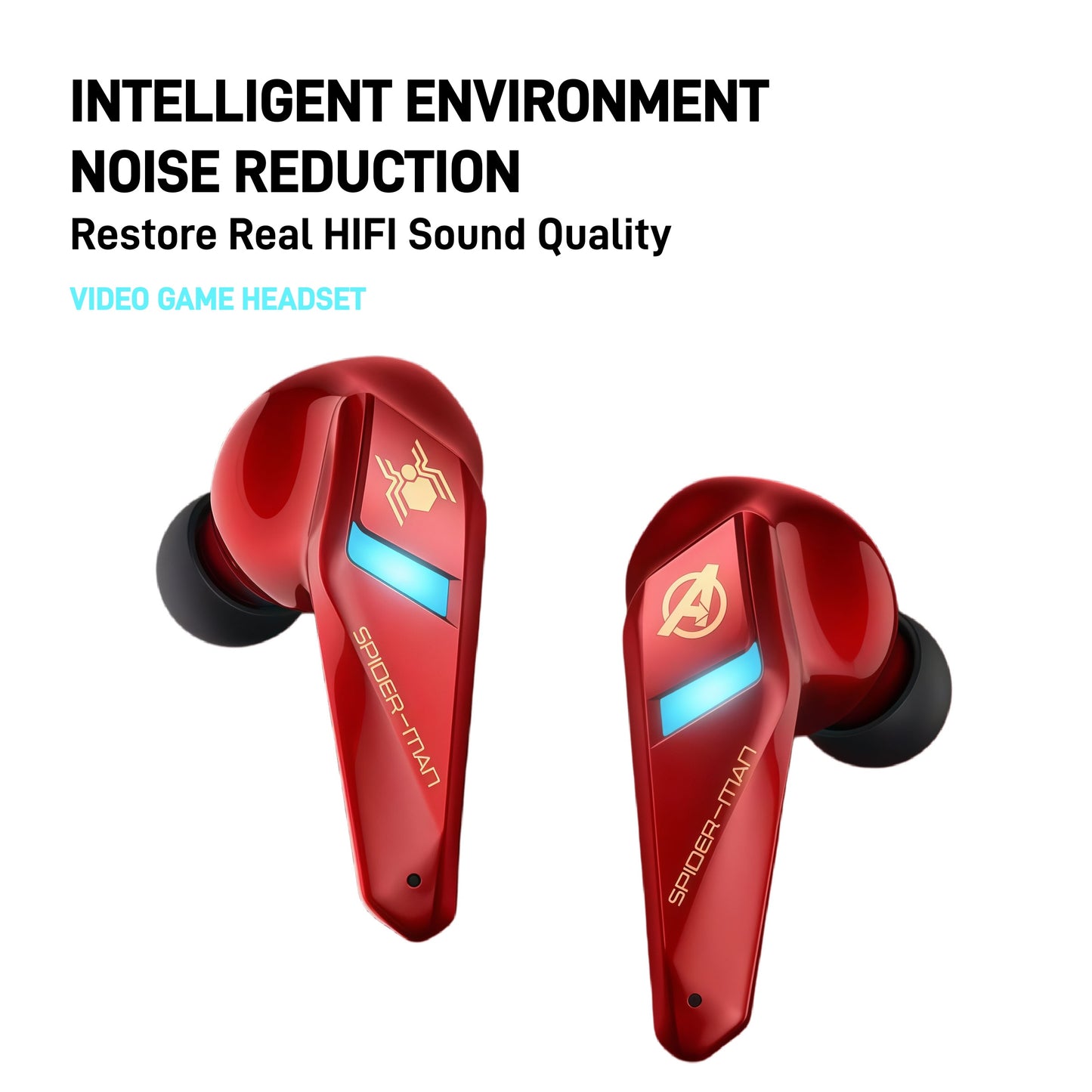 Marvel Avengers Iron Man Captain America Spider‑Man TWS True Wireless Gaming Earbuds, Low Latency Bluetooth 5.0 Earphones with LED Light Noise Reduction for Game Music