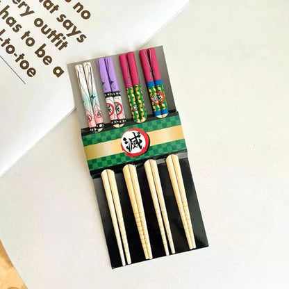 Demon Slayer Anime Bamboo Chopsticks Set, 5 Pairs Reusable Printed Chopsticks, Tanjiro Nezuko Zenitsu Inosuke Pattern Tableware, Japanese Style Dinner Utensils, Anime Fan Gift Pack