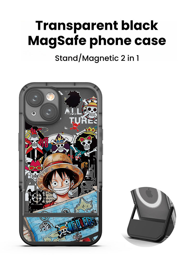 One Piece Luffy Anime Magnetic Phone Case with Built-in Foldable Kickstand, MagSafe Compatible Shockproof Protective Cover, Transparent Cartoon Luffy Print Phone Case, Anime Merch Gift for iPhone