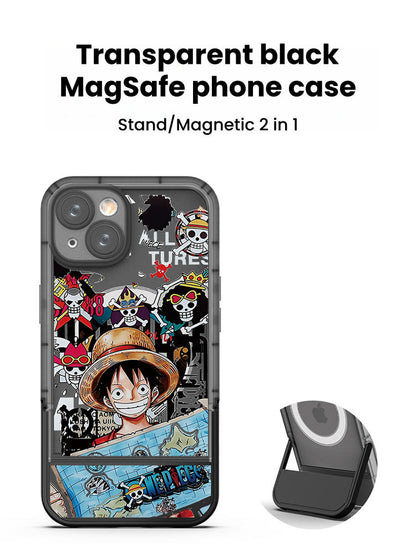 One Piece Luffy Anime Magnetic Phone Case with Built-in Foldable Kickstand, MagSafe Compatible Shockproof Protective Cover, Transparent Cartoon Luffy Print Phone Case, Anime Merch Gift for iPhone