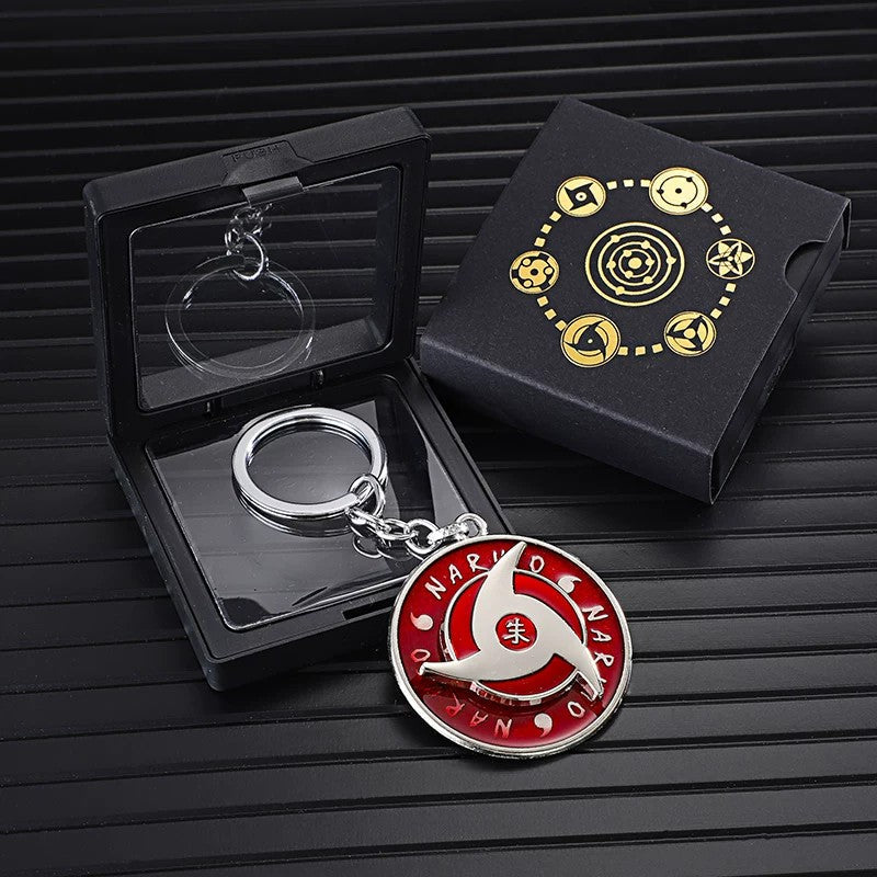 Naruto Anime Sharingan Rotatable Keychain, Uchiha Clan Rotating Sharingan Metal Key Ring, Akatsuki Red Cloud Pendant, Anime Cosplay Accessory, Collectible Key Chain Gift for Naruto Fans