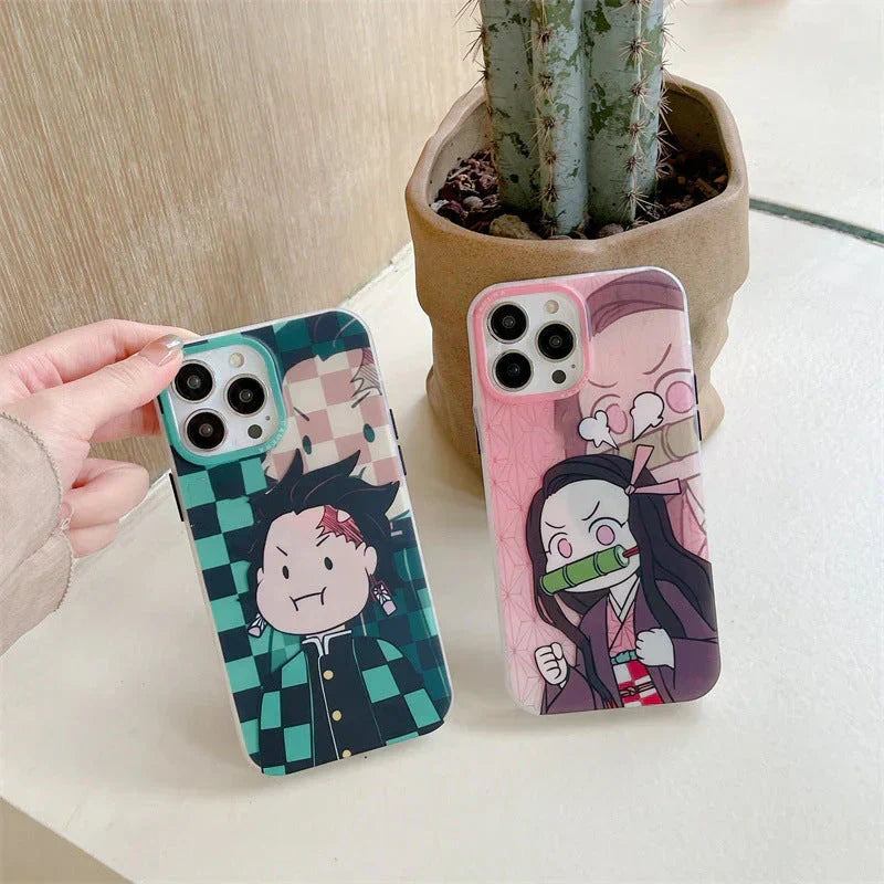 Demon Slayer Cute Chibi Tanjiro Nezuko Phone Case, Kawaii Cartoon Anime Protective Cover, Soft Shockproof Silicone Phone Shell for iPhone, Demon Slayer Manga Fan Merch Gift