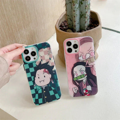 Demon Slayer Cute Chibi Tanjiro Nezuko Phone Case, Kawaii Cartoon Anime Protective Cover, Soft Shockproof Silicone Phone Shell for iPhone, Demon Slayer Manga Fan Merch Gift