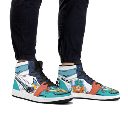 Dragon Ball Goku Super Saiyan Blue Anime High Top Sneakers, Teal White Orange Custom Print Streetwear Shoes, Men Women Casual Fashion Sneakers, Anime Fan Collectible Footwear Gift