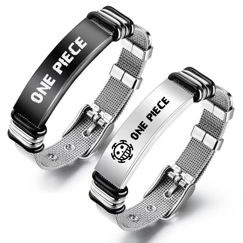 One Piece Monkey D. Luffy Roronoa Zoro Engraved Stainless Steel Mesh Bracelet Adjustable Wristband Anime Wanted Poster Jewelry Gift For Anime Fans