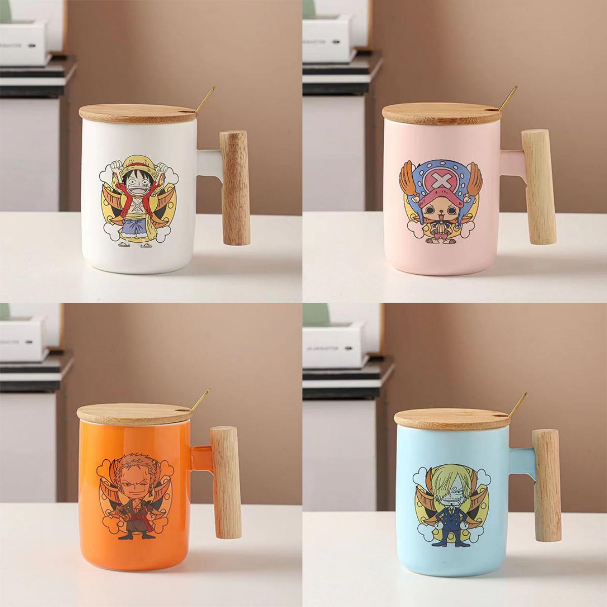 One Piece Anime Ceramic Mug with Wooden Handle, Luffy Chopper Zoro Cartoon Coffee Cup with Bamboo Lid & Spoon, Anime Water Cup Gift Set for One Piece Fans