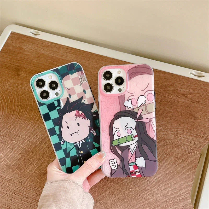 Demon Slayer Cute Chibi Tanjiro Nezuko Phone Case, Kawaii Cartoon Anime Protective Cover, Soft Shockproof Silicone Phone Shell for iPhone, Demon Slayer Manga Fan Merch Gift
