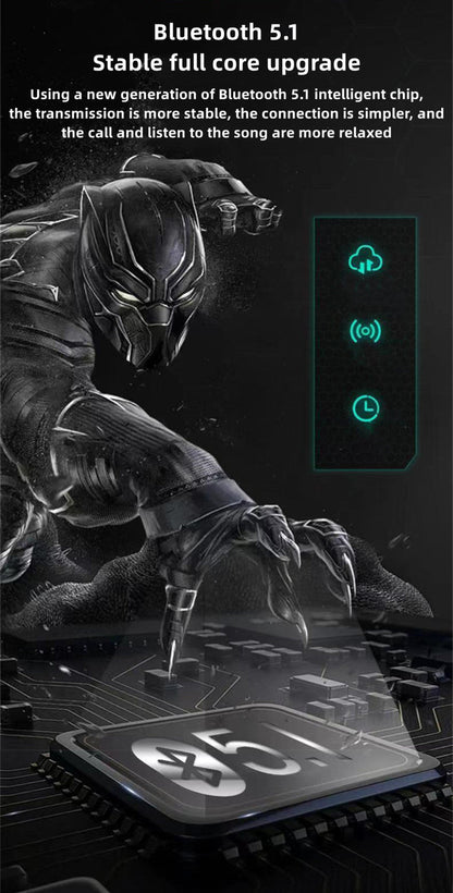 Marvel TWS True Wireless Bluetooth Earbuds, Iron Man Black Panther Semi In-ear Earphones, Transparent Charging Case Marvel Stereo Headphones, Portable Marvel Collectible Earbuds, Gift for Marvel Superhero Fans