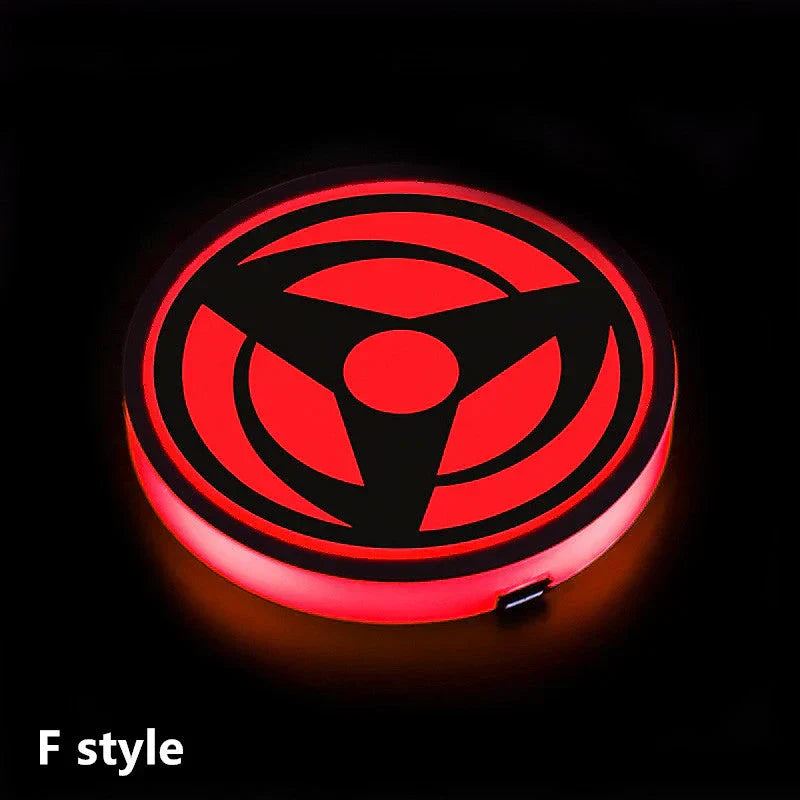 Naruto One Piece Car Accessory Gift，Anime Sharingan LED Car Cup Holder Coaster, Intelligent Sensor Light Up Cup Mat, USB Rechargeable, Multi-Color Changing Car Interior Decor.