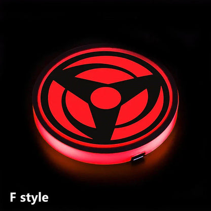Naruto One Piece Car Accessory Gift，Anime Sharingan LED Car Cup Holder Coaster, Intelligent Sensor Light Up Cup Mat, USB Rechargeable, Multi-Color Changing Car Interior Decor.