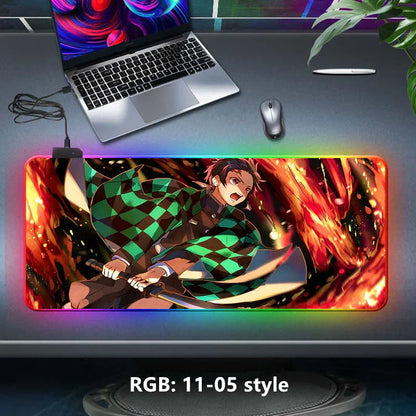 Demon Slayer RGB Gaming Mouse Pad, Large Extended Anime Desk Mat, LED Glowing Non-Slip Rubber Keyboard Pad, Multiple Nezuko Tanjiro Designs, Waterproof Desk Pad for PC Gamers