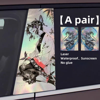 Demon Slayer Anime Car Window Pillar Decals, Laser Holographic Anime Character Car B Column Stickers, Waterproof PET Car Center Pillar Decor Stickers, 1 Pair Anime Car Accessories for Demon Slayer Fans