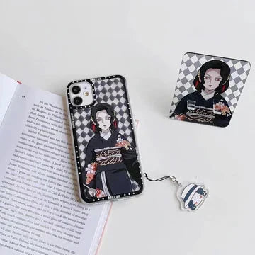 Demon Slayer Anime Phone Case, Akaza Muzan Pattern Clear Soft TPU Case with Character Pendant, Shockproof Slim Protective Phone Cover, Cute Anime Phone Shell for iPhone, Anime Merch Gift for Demon Slayer Fans