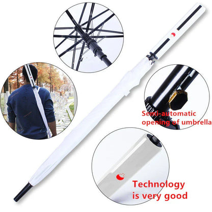 Demon Slayer Anime Katana Sword Umbrella, Nichirin Sword Shape Long Handle Umbrella, Tanjiro Zenitsu Rengoku Printed Sun Rain Stick Umbrella with Shoulder Strap, Demon Slayer Cosplay Merch Gift for Anime Fans