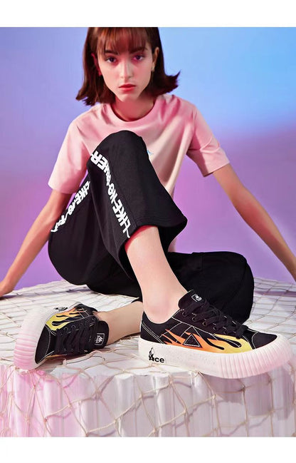 One Piece Ace Low Top Canvas Sneakers for Men Women, Black Orange Flame Graphic Portgas D Ace Anime Skate Shoes, Unisex Lace-Up Thick Ribbed Cookie Sole Streetwear Casual Walking Shoes, Anime Fan Collectible Gift