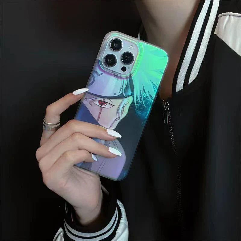Naruto Anime Holographic Print Phone Case for iPhone, Uchiha Sasuke Hatake Kakashi Color Shifting Manga Character Cover, Slim Shockproof Anti-Scratch Soft Protective Phone Shell, Anime Naruto Fan Birthday Gift