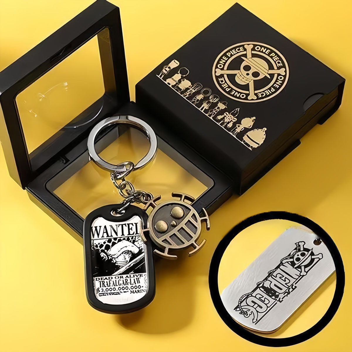 One Piece Anime Dog Tag Necklace Keychain, Luffy Zoro Ace Metal Pendant, Vintage Engraved Dog Tag, Collectible Cosplay Jewelry Gift Set with Gift Box for One Piece Fans