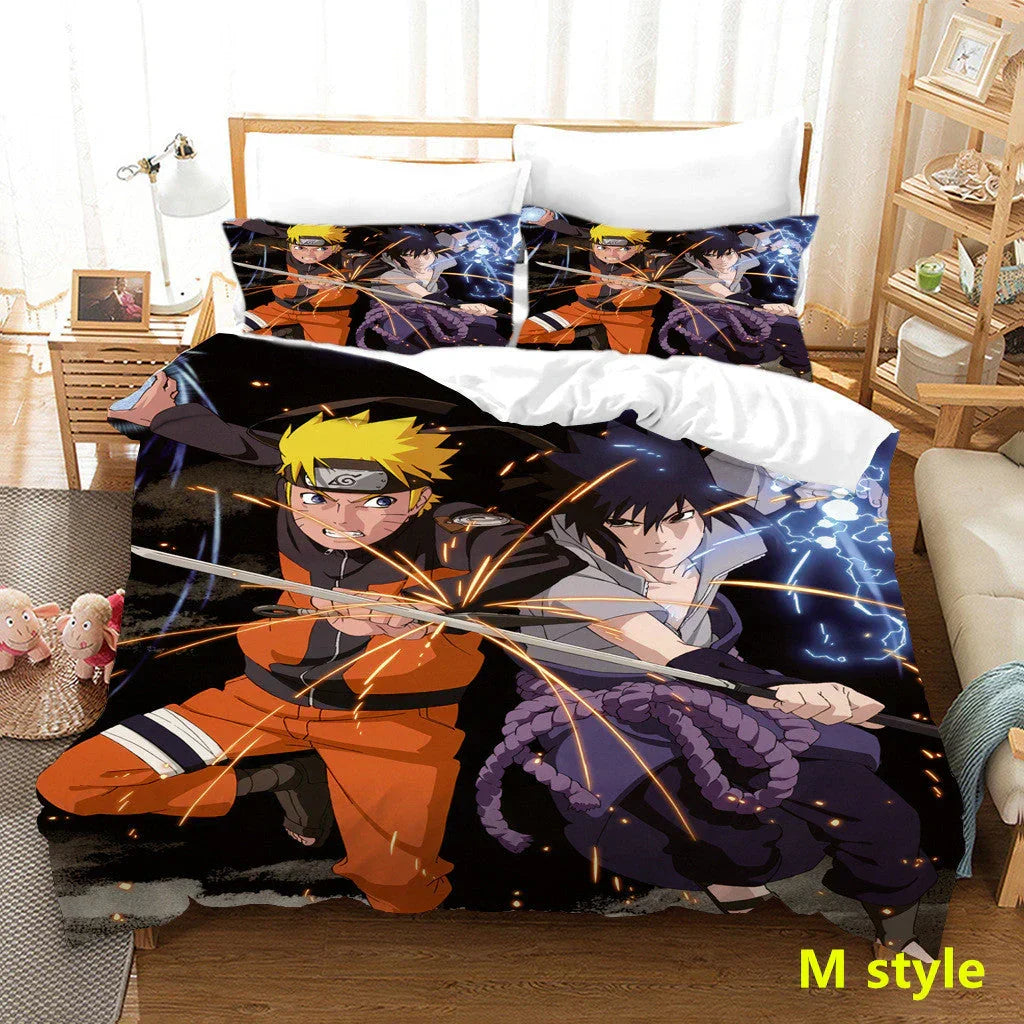 Naruto Anime Bedding Set, 3D Print Duvet Cover with Pillowcases, Akatsuki Red Cloud Comforter Cover Set, Soft Microfiber Bed Sheets, Bedroom Decor Gift for Naruto Fans