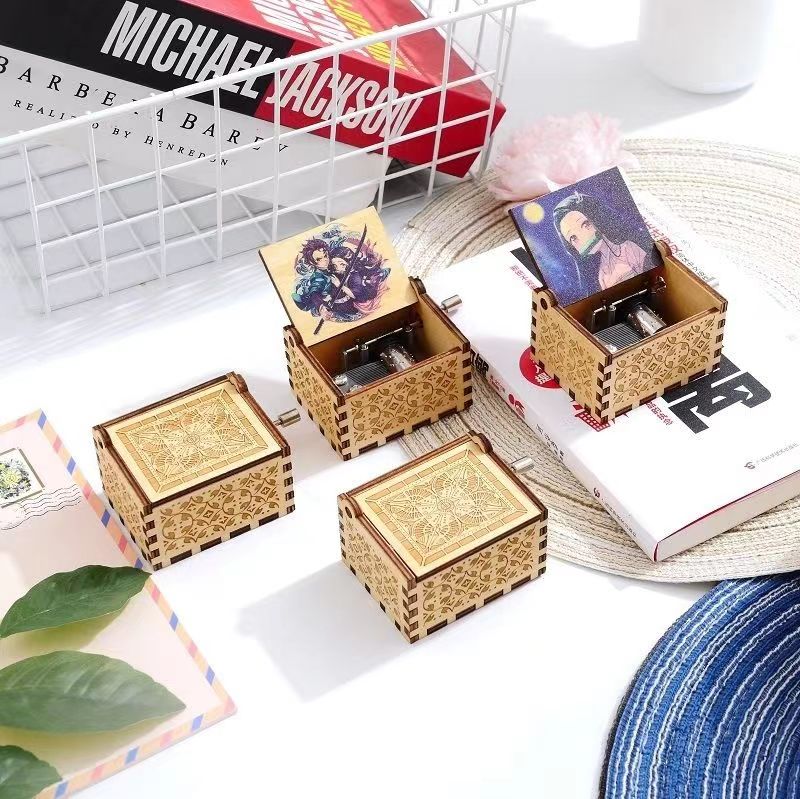 Demon Slayer Hand Crank Wooden Music Box, Anime Character Print Engraved Musical Box, Classic Hand Cranked Music Box, Collectible Anime Keepsake Gift for Demon Slayer Fans