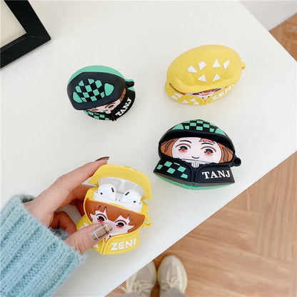 Demon Slayer Anime Airpods Case, Cute 3D Cartoon Silicone Protective Cover for AirPods 1/2, AirPods Pro 1/2, Tanjiro Nezuko Zenitsu Earphone Skin, Shockproof Earbud Case with Keychain, Anime Fan Gift